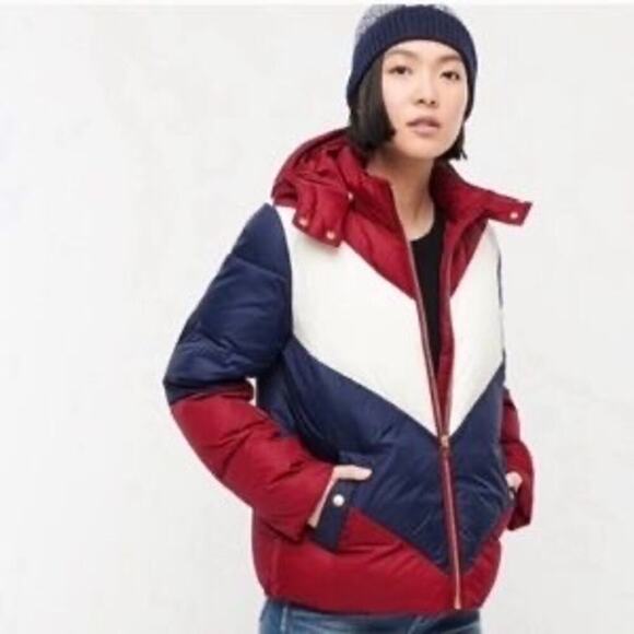 J. Crew Maroon White Blue Colorblock Puffer Jacket with Primaloft size Medium - Picture 1 of 15